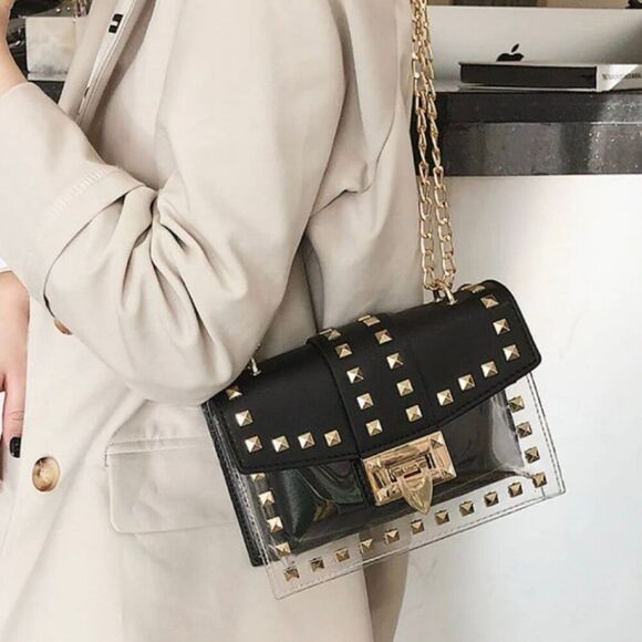 BOUTIQUE | Betty Shoulder Bag Clear Black Gold Tone Studded Chain Strap Stud - Picture 1 of 7